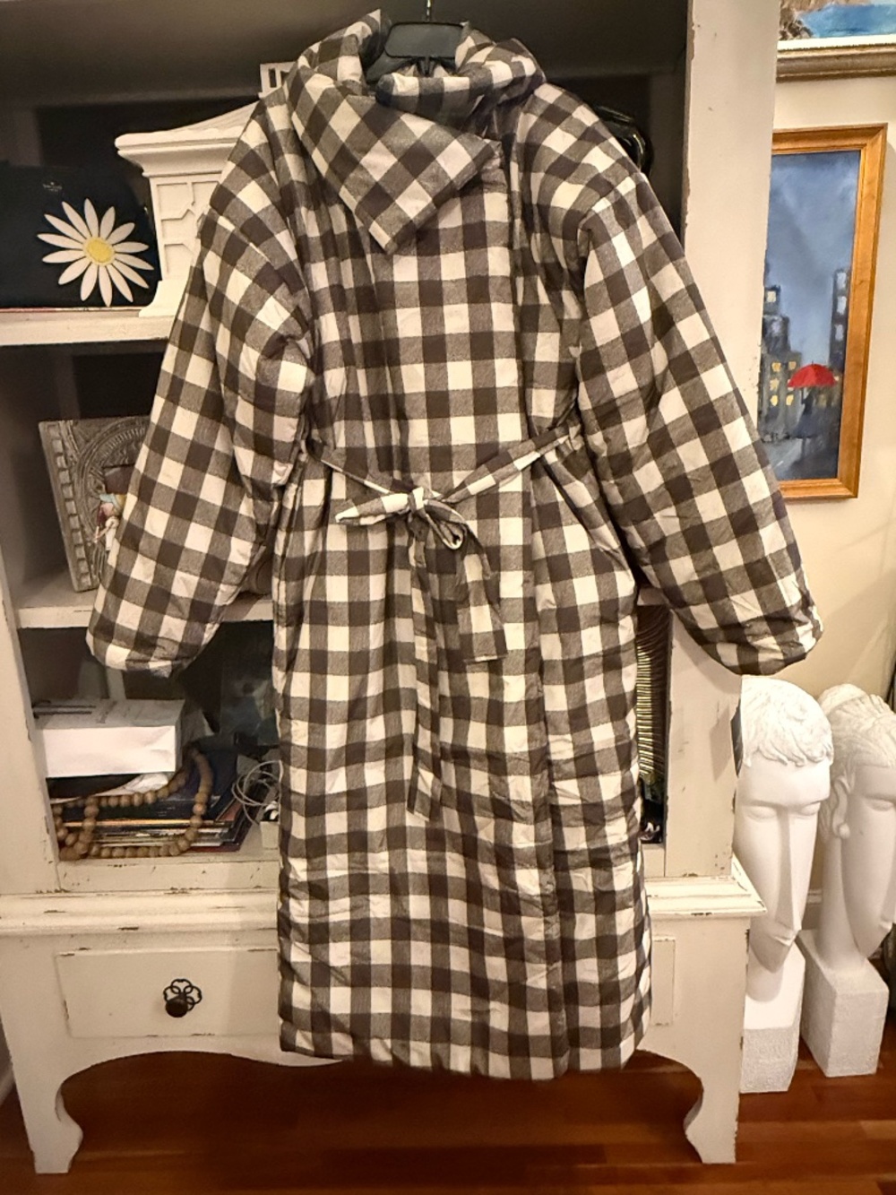 Norma Kamali plaid sleeping bag coat brown cream checkered pattern M/L - Picture 3 of 8